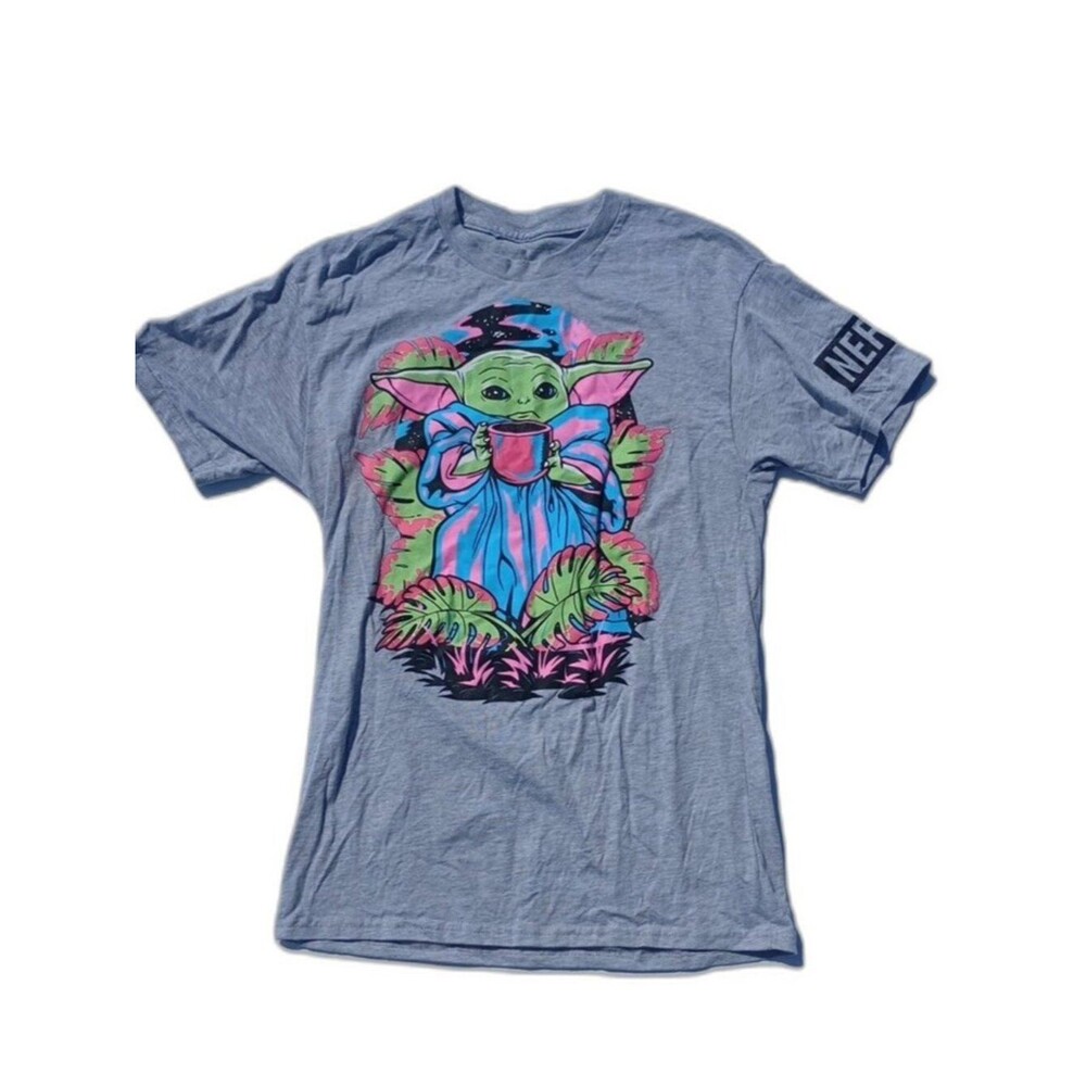 Girls Small Star Wars Neon Baby Yoda Grogu Mandalorian Short Casual Tee T-shirt